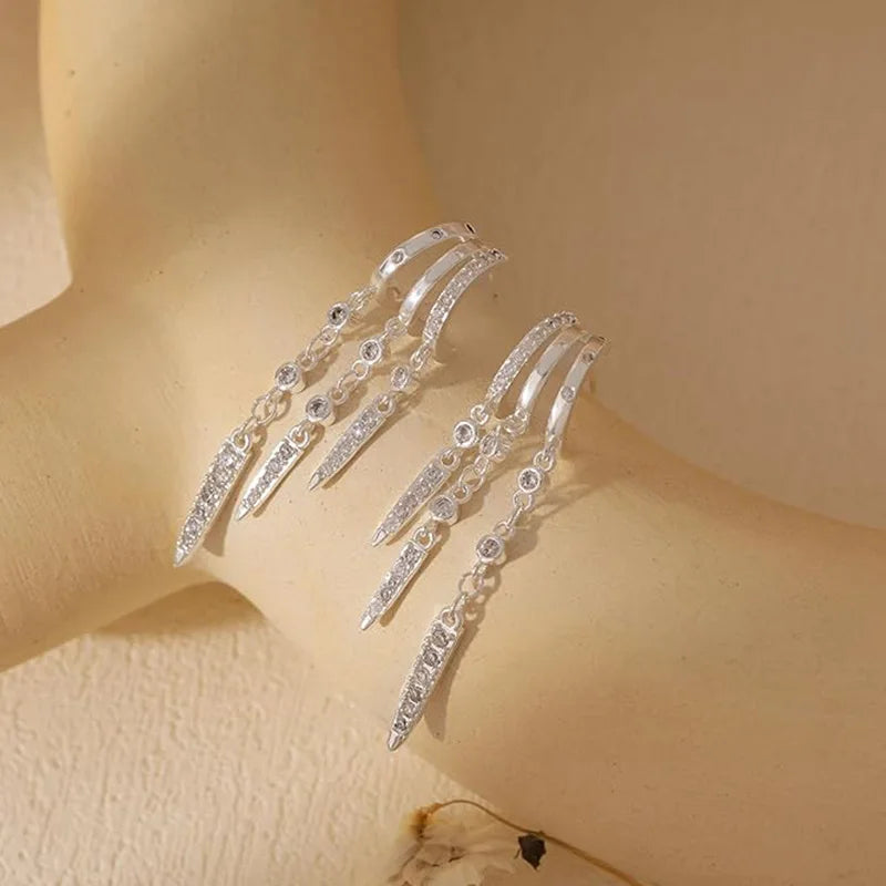 Silver Plated Tassel Hoop Earrings for Women with CZ Crystals Dainty Layered Drop Earrings Trendy Elegant Party Jewelry Gift