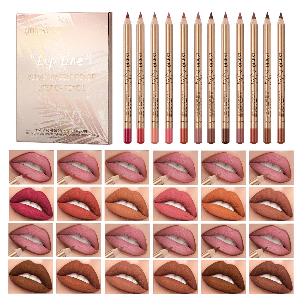 QIBEST 12 PCS Lipliner Sets Waterproof Matte Lip Pencil Lipstick Lasting Lip Liner Pen Smooth Nude Lipstick Pen For Cosmetics