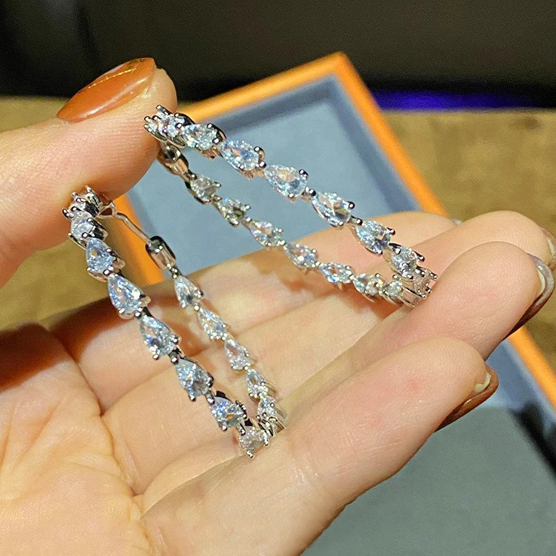 Huitan Luxury Pear Cubic Zirconia Crystal Hoop Earrings for Women Daily Wear Statement Accessories Modern Fashion Jewelry