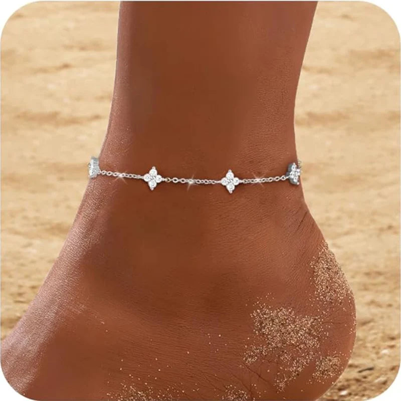 925 Sterling Silver Clover Design Ankle Bracelet for Women Dainty CZ Charm Chain Anklet Adjustable Lucky Flower Foot Jewelry