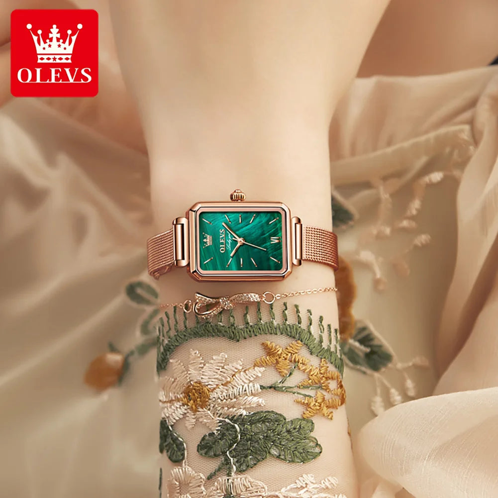 OLEVS 6624 Original Women Watch Luxury Top Green Square Waterproof Clock Fashion Elegant Brand Women Quartz Watch Reloj Mujer