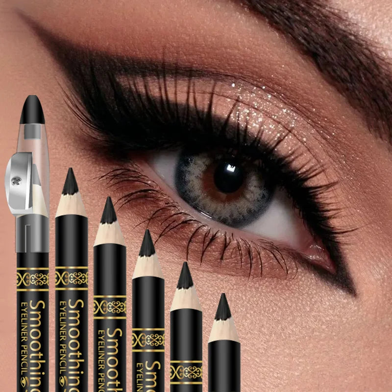 6-Piece Black Eyeliner Pencil Set Pure Black Outline Eyeliner Durable Waterproof and Sweat Proof