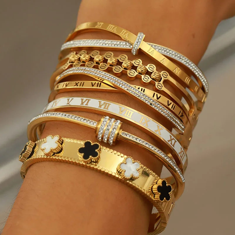 316L Stainless Steel 18K PVD Plated  Beads Cross Bangles for Women Fashion Brand Jewelry Golden Flower Bangles Party Accessories