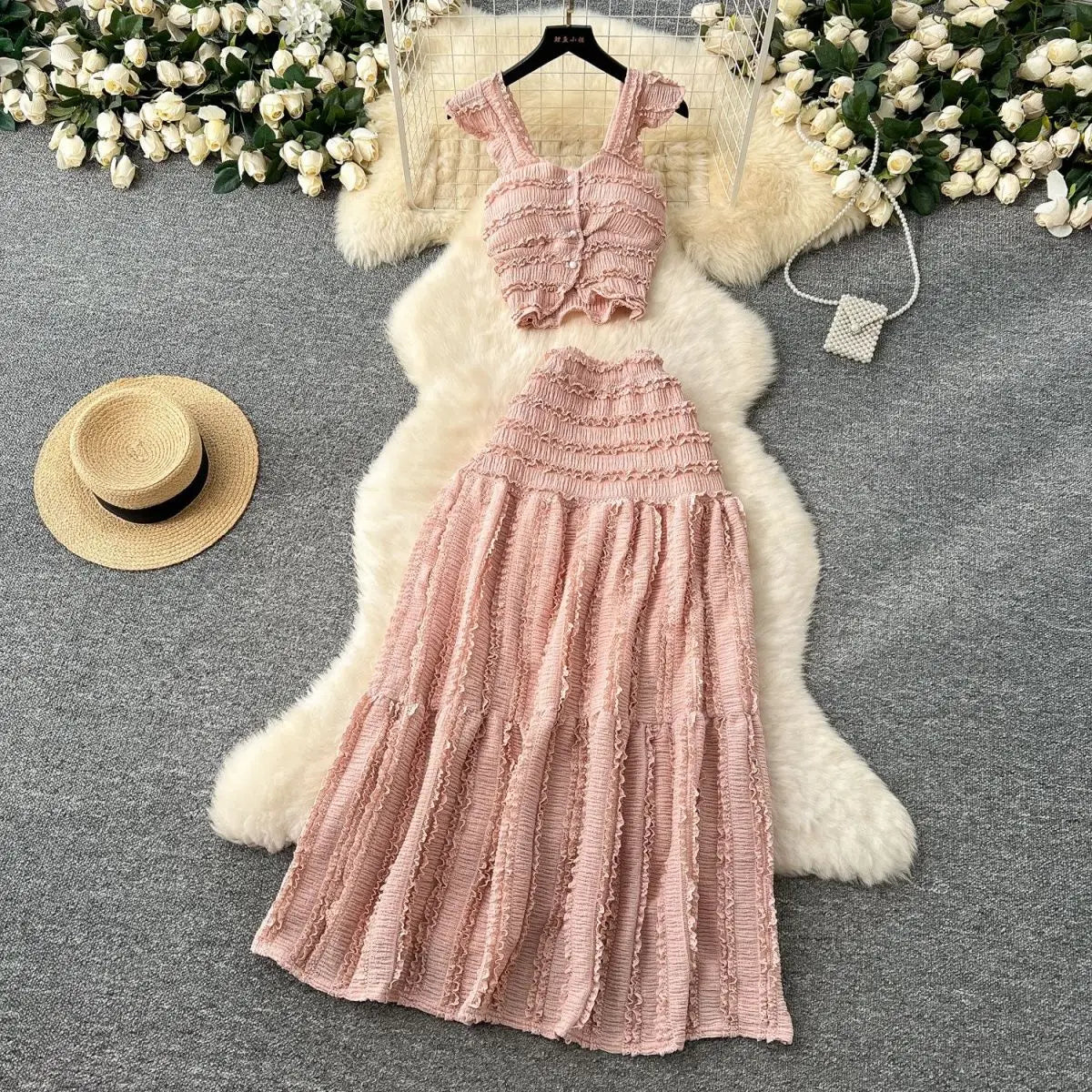 Harajuku Skirt Sets Camisole Top High Waist Pleated Half Skirt Piece Set Solid Color Casual Dress Two Piece Sets Womens Outfits