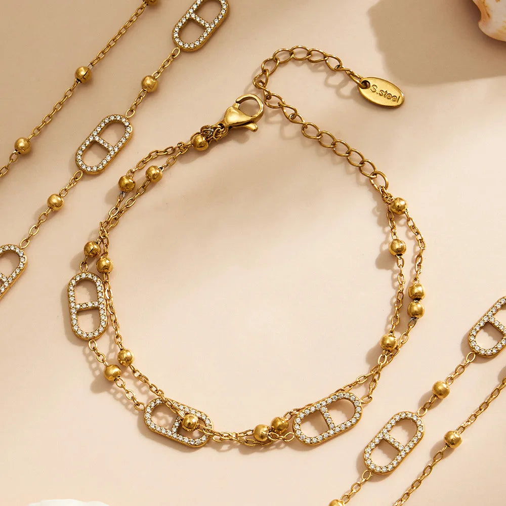 Dainty Layered Chain Necklaces Bracelets for Women 18k Gold Plated With Zircon Charm Stainless Steel Y Necklace Bracelet Set