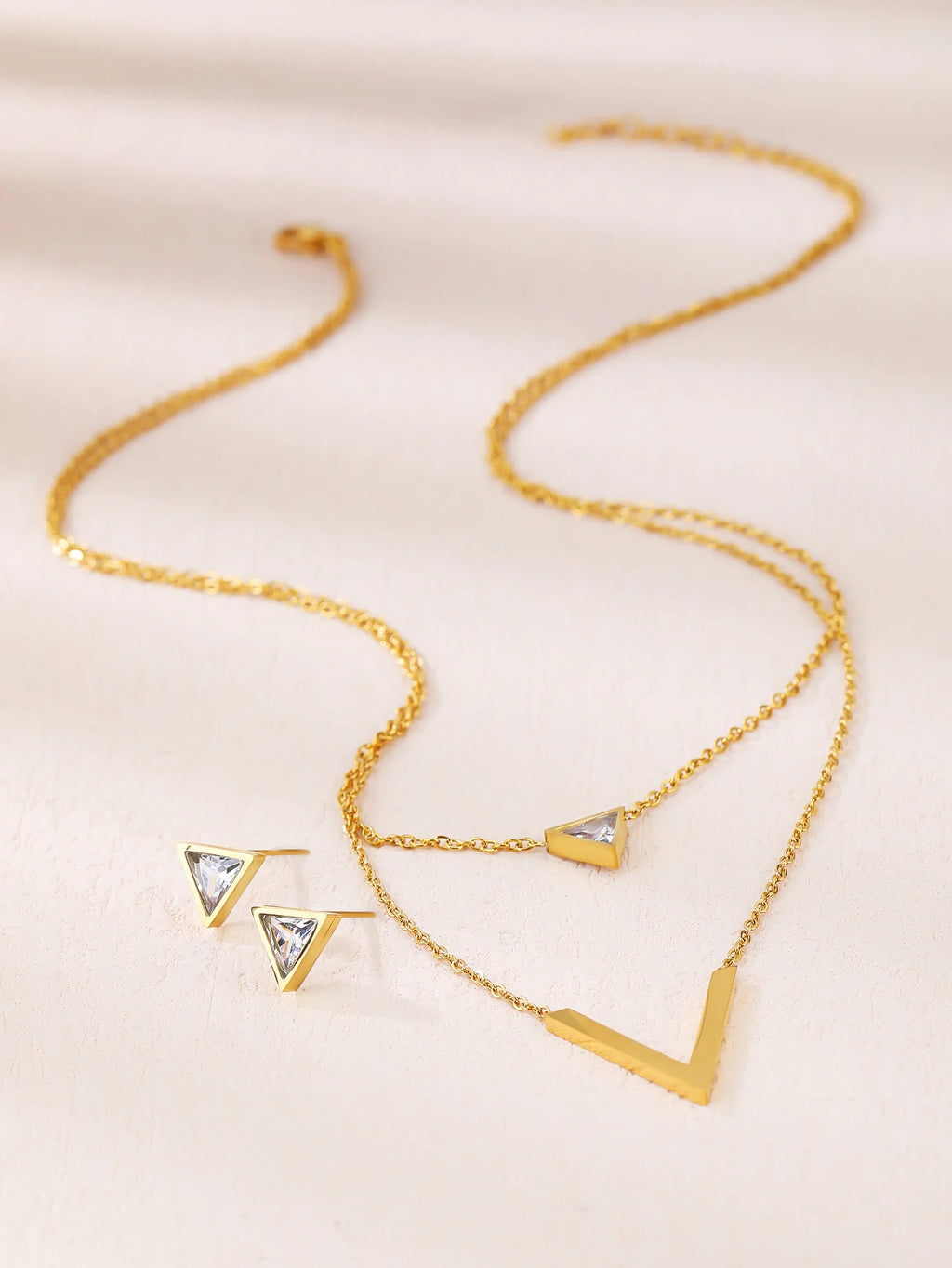 3 Piece Set Fashion Chic Ladies Triangle Zircon V-shaped Stainless Steel Double Necklace Classic Earrings Lovers Date Party Chri