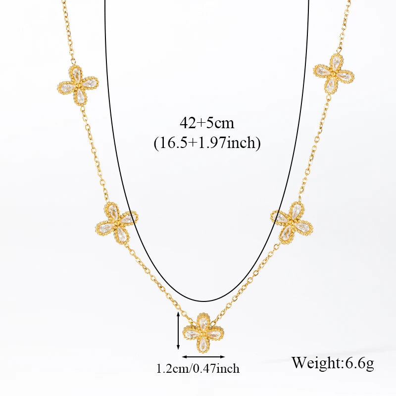 GANEMLY 316L Stainless Steel Flower Zirconia Bracelet Necklace Earrings Set Charm Metal Texture 18K Gold Plated Jewelry Women