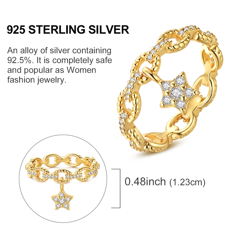 New In 925 Sterling Silver Golden Ring Simple Ring Zircon Stars Heart Fashion Luxury for Women Party Anniversary Wedding Gift