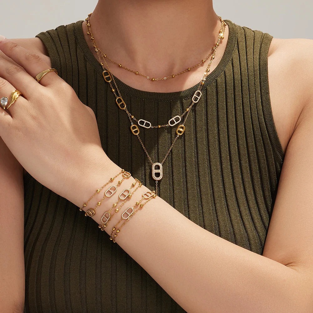 Dainty Layered Chain Necklaces Bracelets for Women 18k Gold Plated With Zircon Charm Stainless Steel Y Necklace Bracelet Set