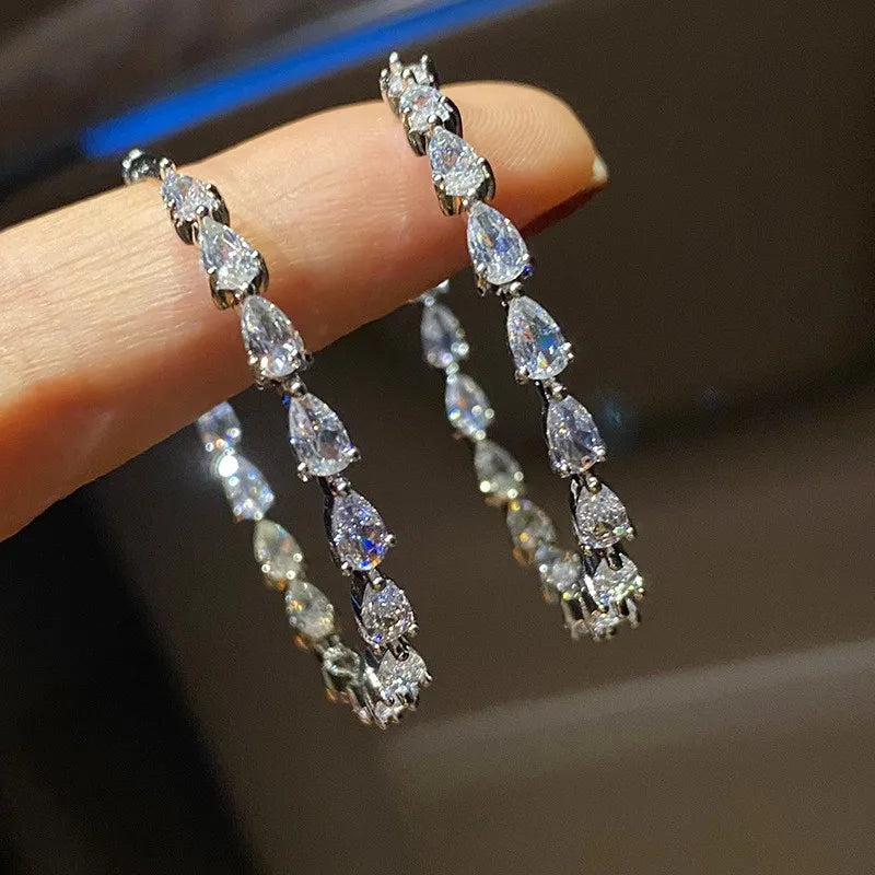 Huitan Luxury Pear Cubic Zirconia Crystal Hoop Earrings for Women Daily Wear Statement Accessories Modern Fashion Jewelry