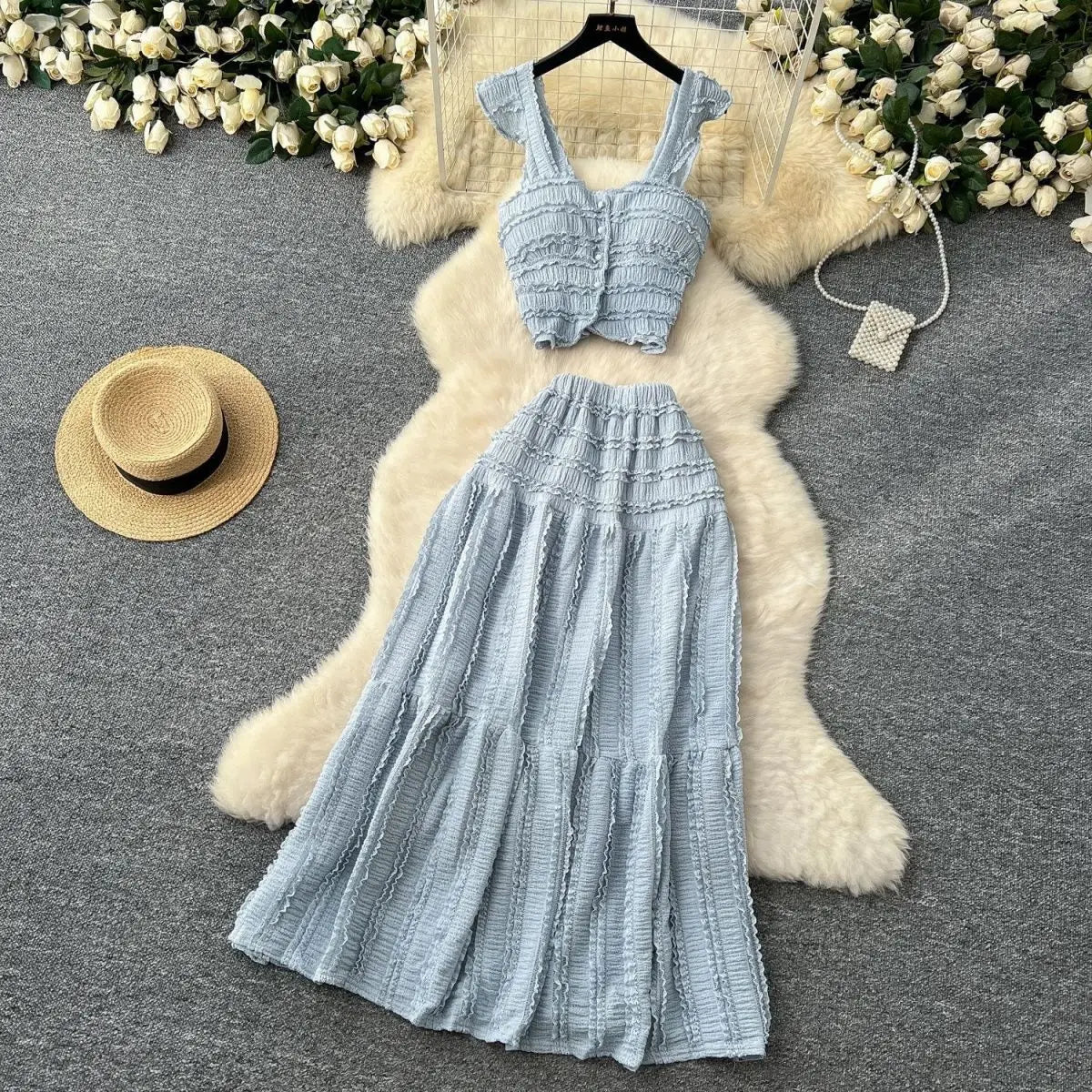 Harajuku Skirt Sets Camisole Top High Waist Pleated Half Skirt Piece Set Solid Color Casual Dress Two Piece Sets Womens Outfits