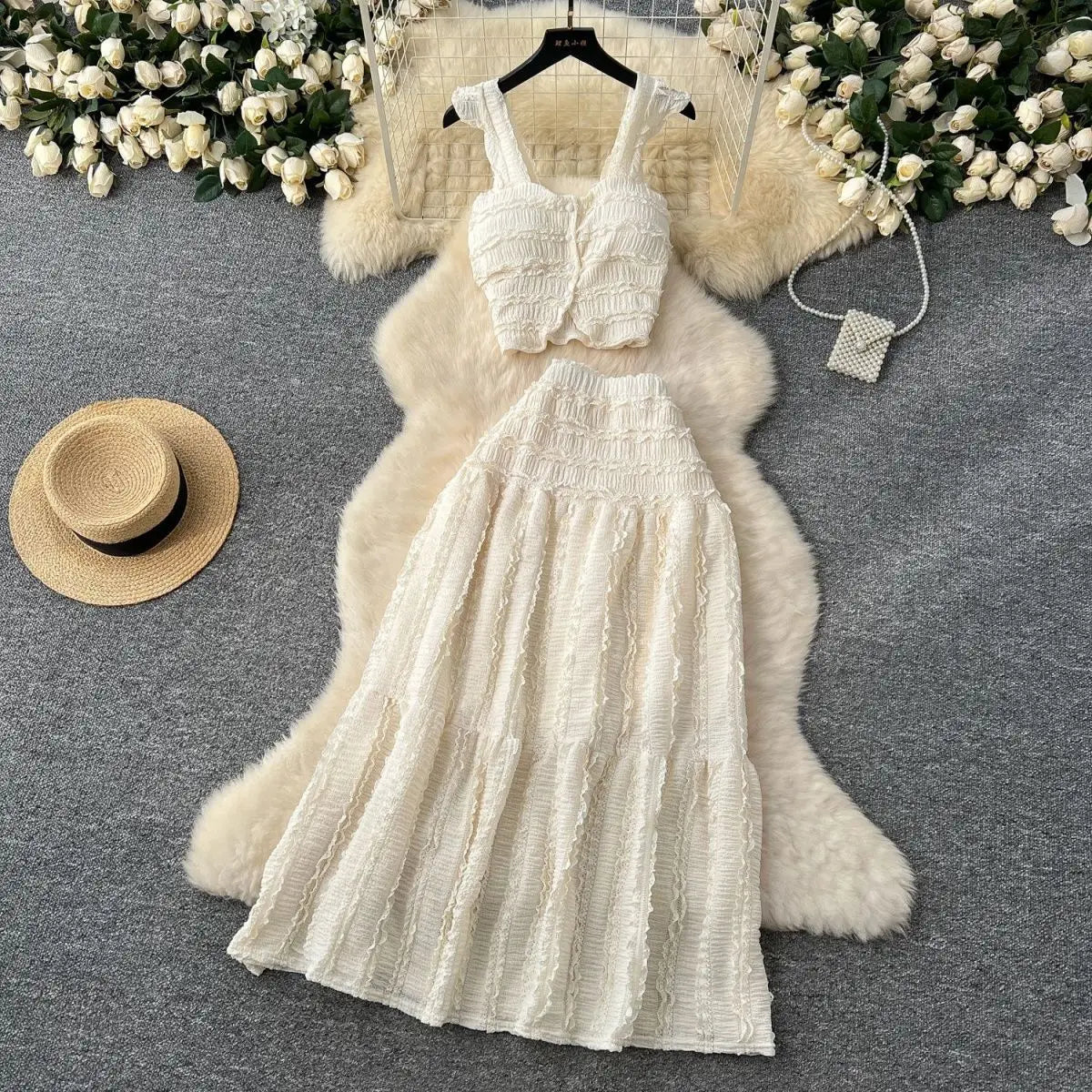 Harajuku Skirt Sets Camisole Top High Waist Pleated Half Skirt Piece Set Solid Color Casual Dress Two Piece Sets Womens Outfits