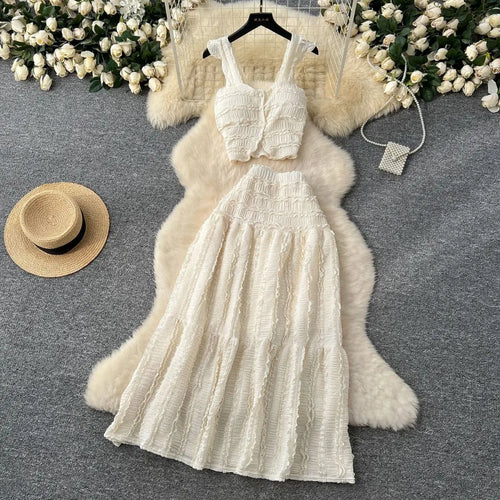 Harajuku Skirt Sets Camisole Top High Waist Pleated Half Skirt Piece Set Solid Color Casual Dress Two Piece Sets Womens Outfits