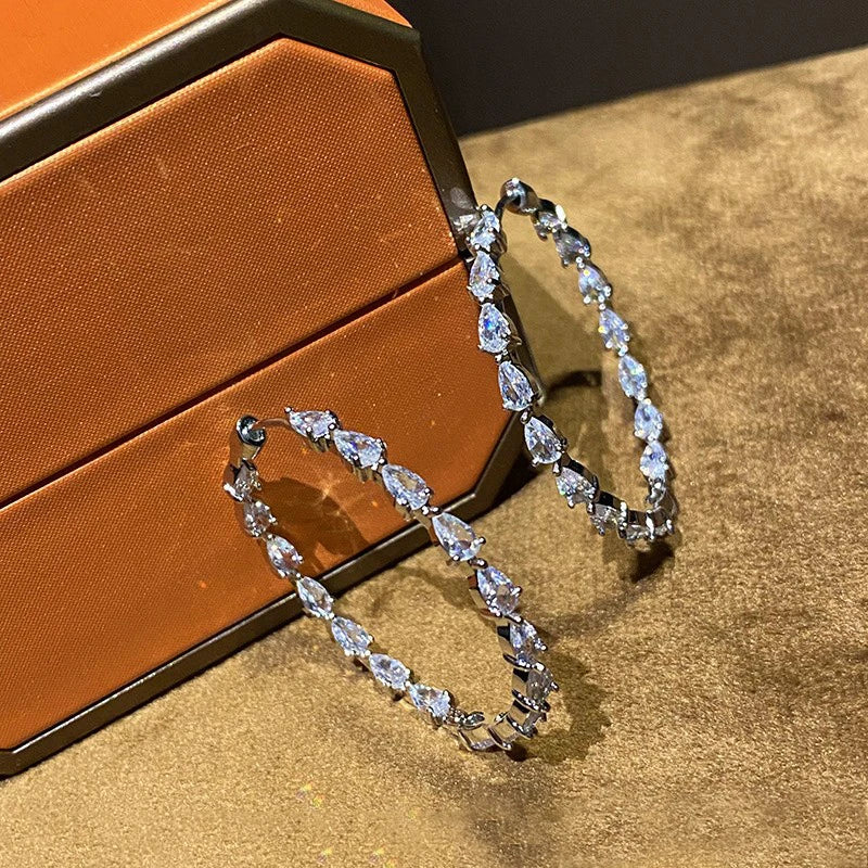 Huitan Luxury Pear Cubic Zirconia Crystal Hoop Earrings for Women Daily Wear Statement Accessories Modern Fashion Jewelry