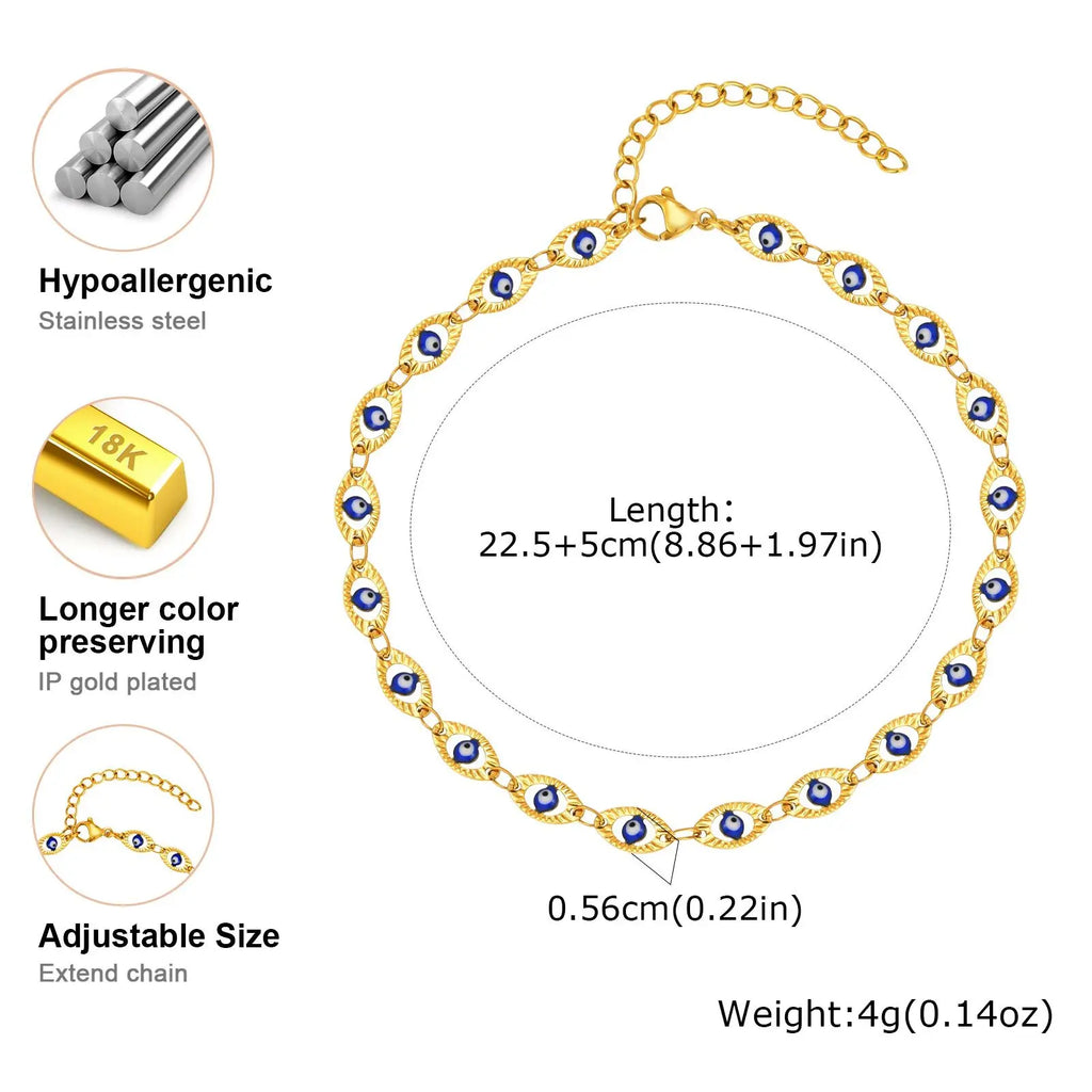 Evil Eye Anklet Bracelet for Women, Adjustable Waterproof Gold Plated Stainless Steel Beach Foot Anklets Summer Jewelry