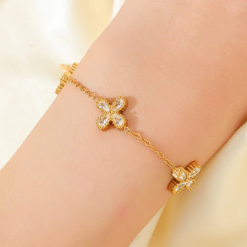 GANEMLY 316L Stainless Steel Flower Zirconia Bracelet Necklace Earrings Set Charm Metal Texture 18K Gold Plated Jewelry Women