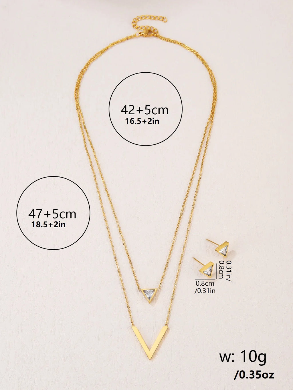 3 Piece Set Fashion Chic Ladies Triangle Zircon V-shaped Stainless Steel Double Necklace Classic Earrings Lovers Date Party Chri