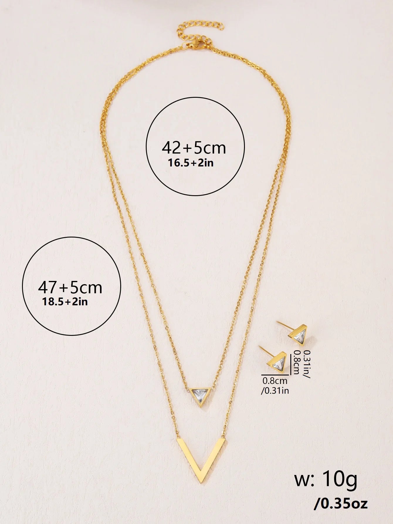3 Piece Set Fashion Chic Ladies Triangle Zircon V-shaped Stainless Steel Double Necklace Classic Earrings Lovers Date Party Chri