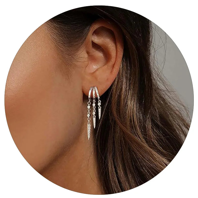 Silver Plated Tassel Hoop Earrings for Women with CZ Crystals Dainty Layered Drop Earrings Trendy Elegant Party Jewelry Gift
