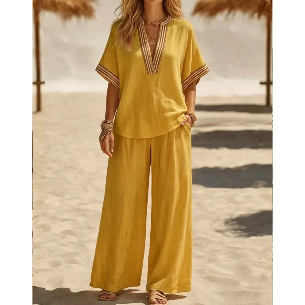 Women Linen 2 Piece Striped V Neck Short Sleeve Loose Blouse High Waist Wide Leg Pants Set Casual Summer Elegant Trouser Suit