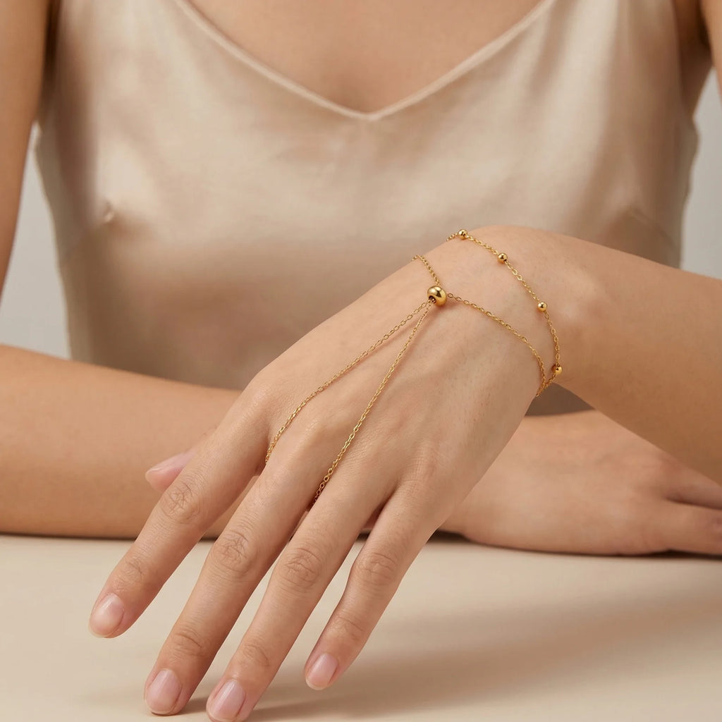 Layered Hand Chain Ring Bracelet for Women, Lapis Lazuli Turquoise Gold Plated Stainless Steel, Statement Party Birthday Jewelry
