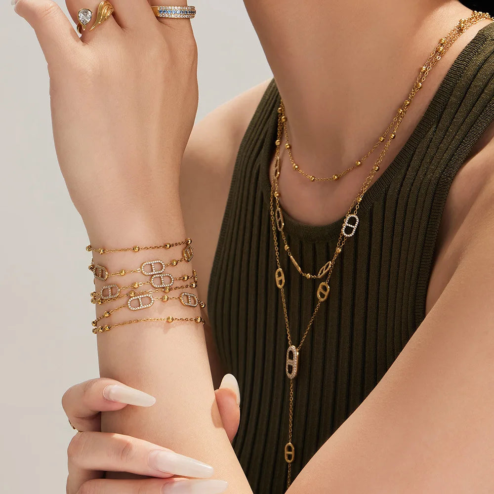 Dainty Layered Chain Necklaces Bracelets for Women 18k Gold Plated With Zircon Charm Stainless Steel Y Necklace Bracelet Set