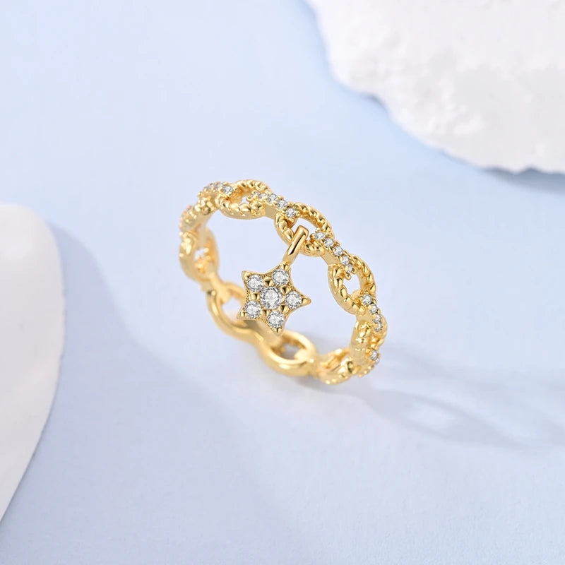 New In 925 Sterling Silver Golden Ring Simple Ring Zircon Stars Heart Fashion Luxury for Women Party Anniversary Wedding Gift