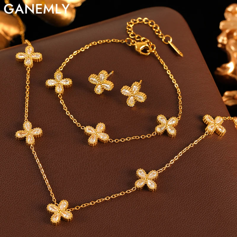 GANEMLY 316L Stainless Steel Flower Zirconia Bracelet Necklace Earrings Set Charm Metal Texture 18K Gold Plated Jewelry Women
