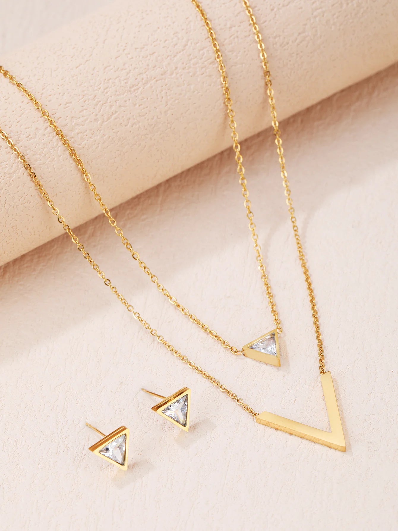 3 Piece Set Fashion Chic Ladies Triangle Zircon V-shaped Stainless Steel Double Necklace Classic Earrings Lovers Date Party Chri