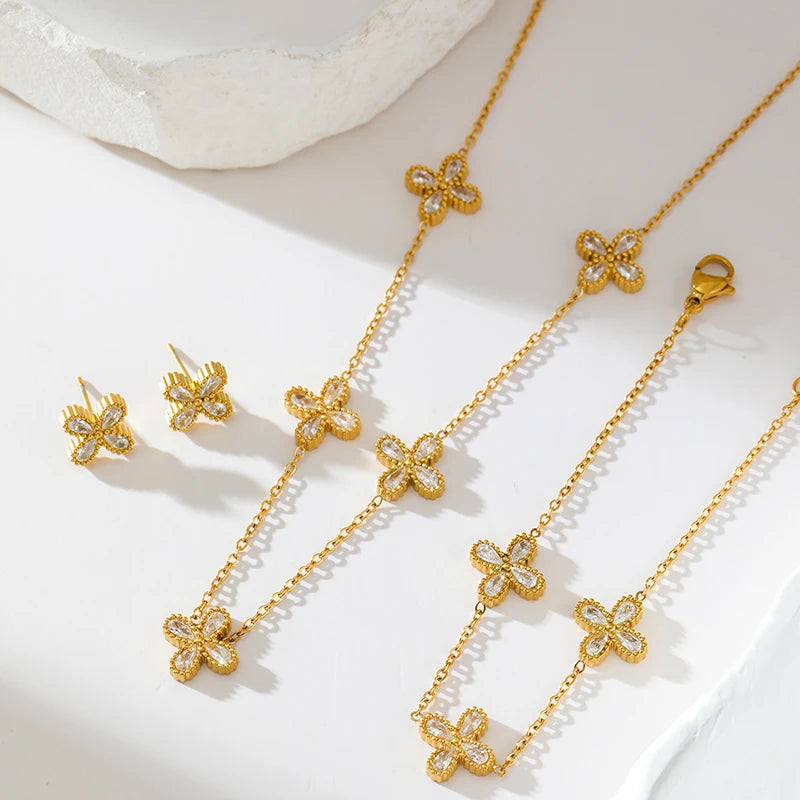 GANEMLY 316L Stainless Steel Flower Zirconia Bracelet Necklace Earrings Set Charm Metal Texture 18K Gold Plated Jewelry Women