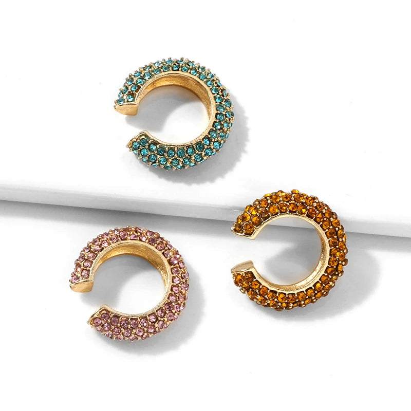 Fashion C Shape Round Cartilage Clip Earrings For Women Fake No Pierced Earrings Crystal Rhinestone Geometric Jewelry Gold Color