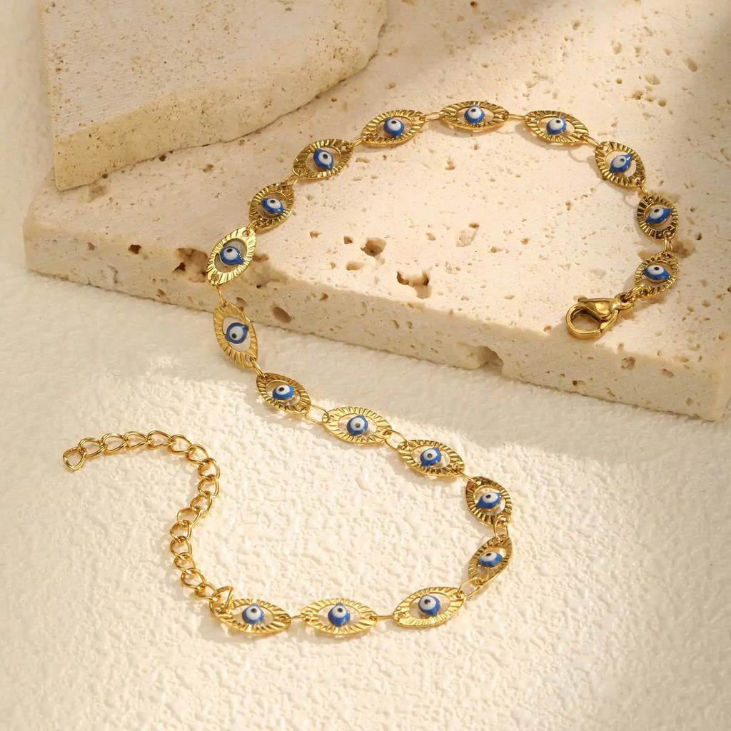Evil Eye Anklet Bracelet for Women, Adjustable Waterproof Gold Plated Stainless Steel Beach Foot Anklets Summer Jewelry