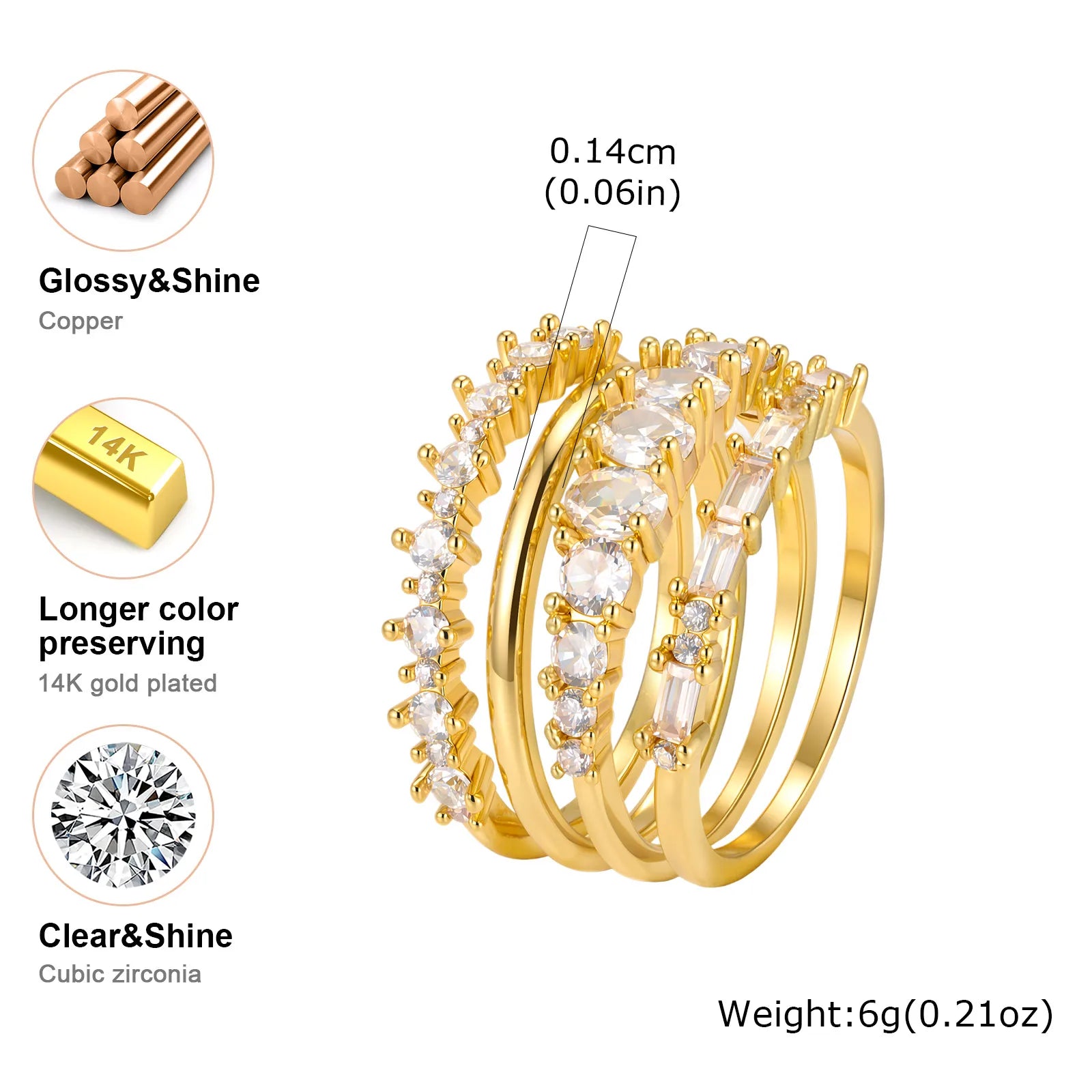 4 PCS Ring Set Gold Plated Cubic Zirconia Stackable Eternity Rings for Multiple Fingers Jewelry Non-Tarnish
