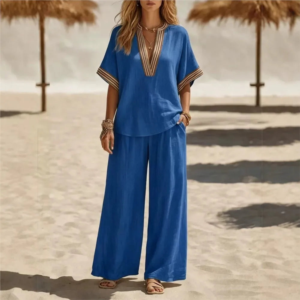 Women Linen 2 Piece Striped V Neck Short Sleeve Loose Blouse High Waist Wide Leg Pants Set Casual Summer Elegant Trouser Suit