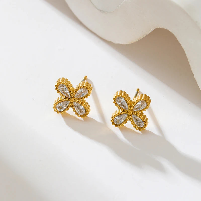 GANEMLY 316L Stainless Steel Flower Zirconia Bracelet Necklace Earrings Set Charm Metal Texture 18K Gold Plated Jewelry Women