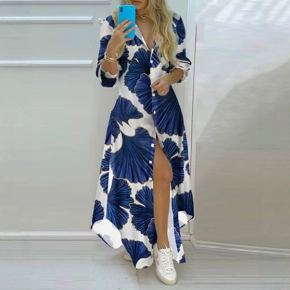 Women Lapel Collar Long Sleeve Leaf Print Button Front Split Maxi Shirt Dress Casual Daily Commuter Cover Up