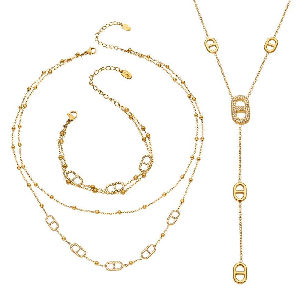 Dainty Layered Chain Necklaces Bracelets for Women 18k Gold Plated With Zircon Charm Stainless Steel Y Necklace Bracelet Set