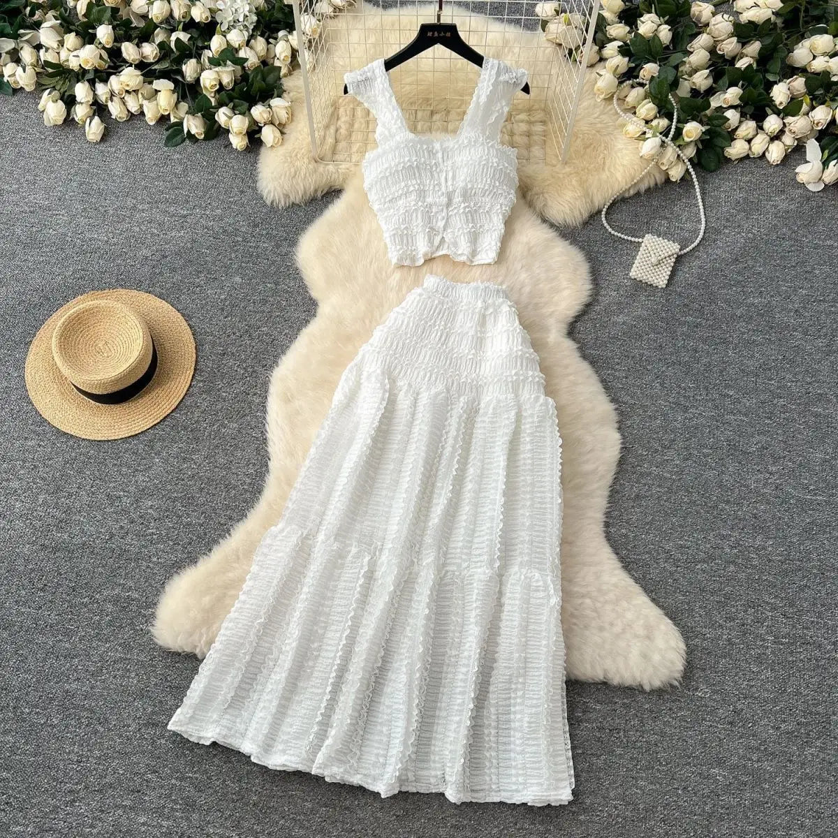 Harajuku Skirt Sets Camisole Top High Waist Pleated Half Skirt Piece Set Solid Color Casual Dress Two Piece Sets Womens Outfits