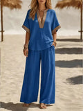 Women Linen 2 Piece Striped V Neck Short Sleeve Loose Blouse High Waist Wide Leg Pants Set Casual Summer Elegant Trouser Suit