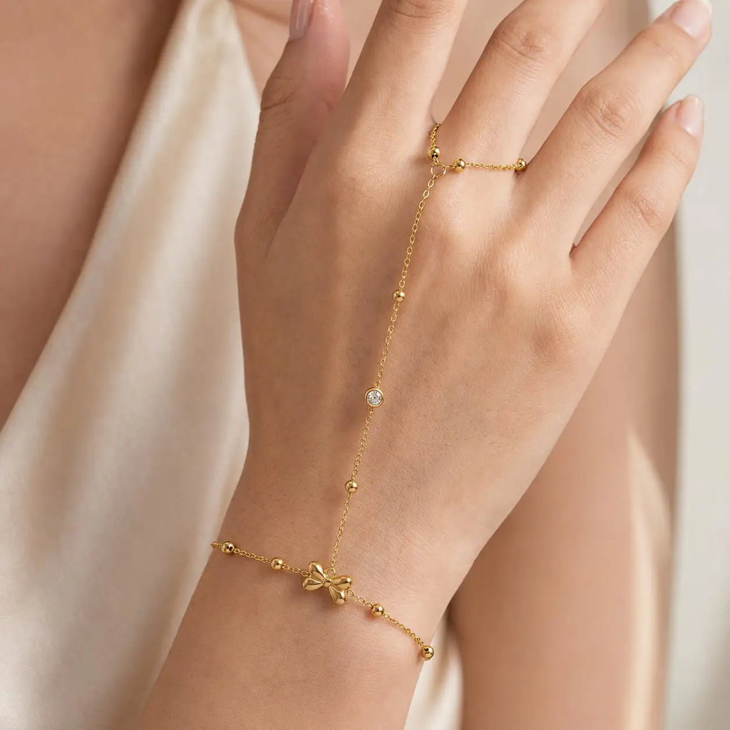 Layered Hand Chain Ring Bracelet for Women, Lapis Lazuli Turquoise Gold Plated Stainless Steel, Statement Party Birthday Jewelry