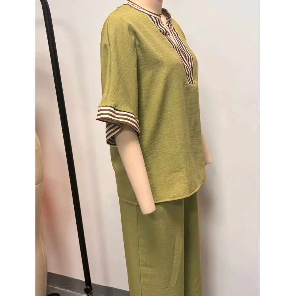 Women Linen 2 Piece Striped V Neck Short Sleeve Loose Blouse High Waist Wide Leg Pants Set Casual Summer Elegant Trouser Suit