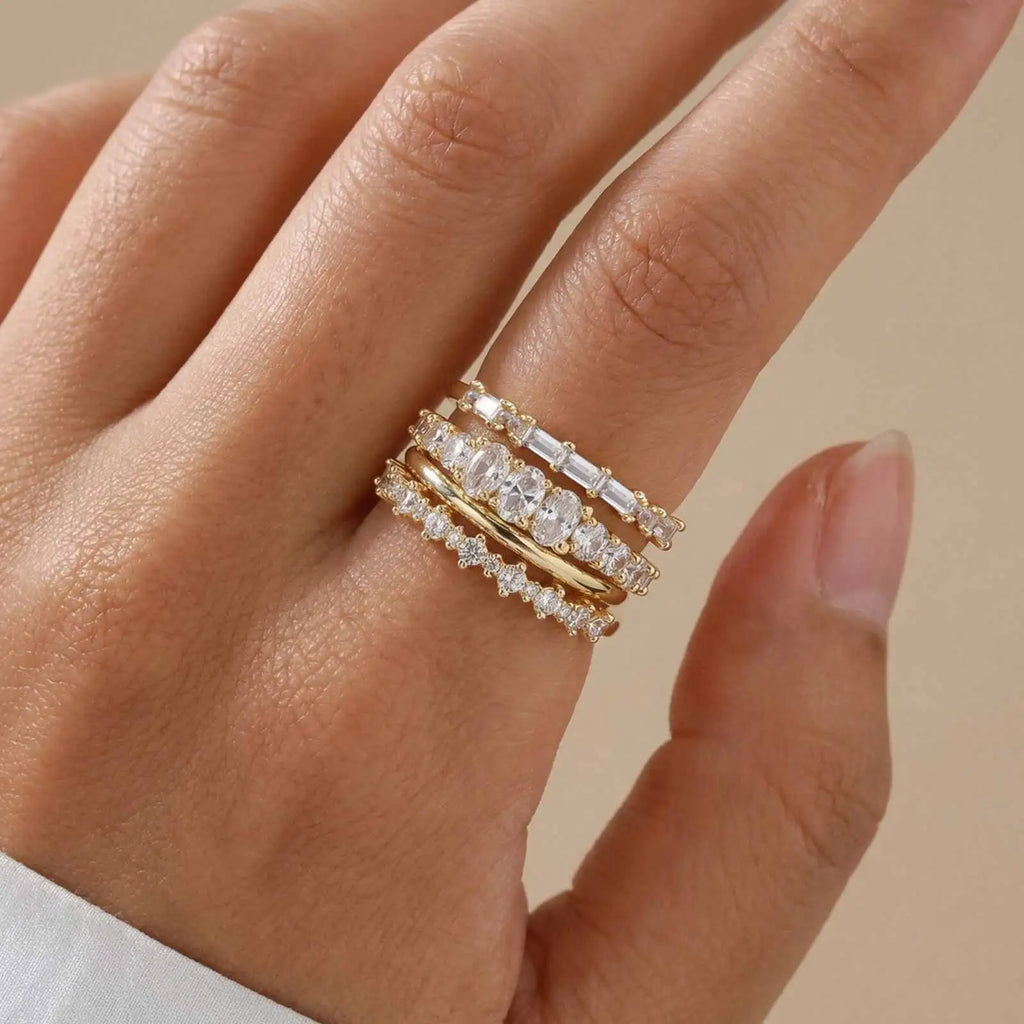 4 PCS Ring Set Gold Plated Cubic Zirconia Stackable Eternity Rings for Multiple Fingers Jewelry Non-Tarnish