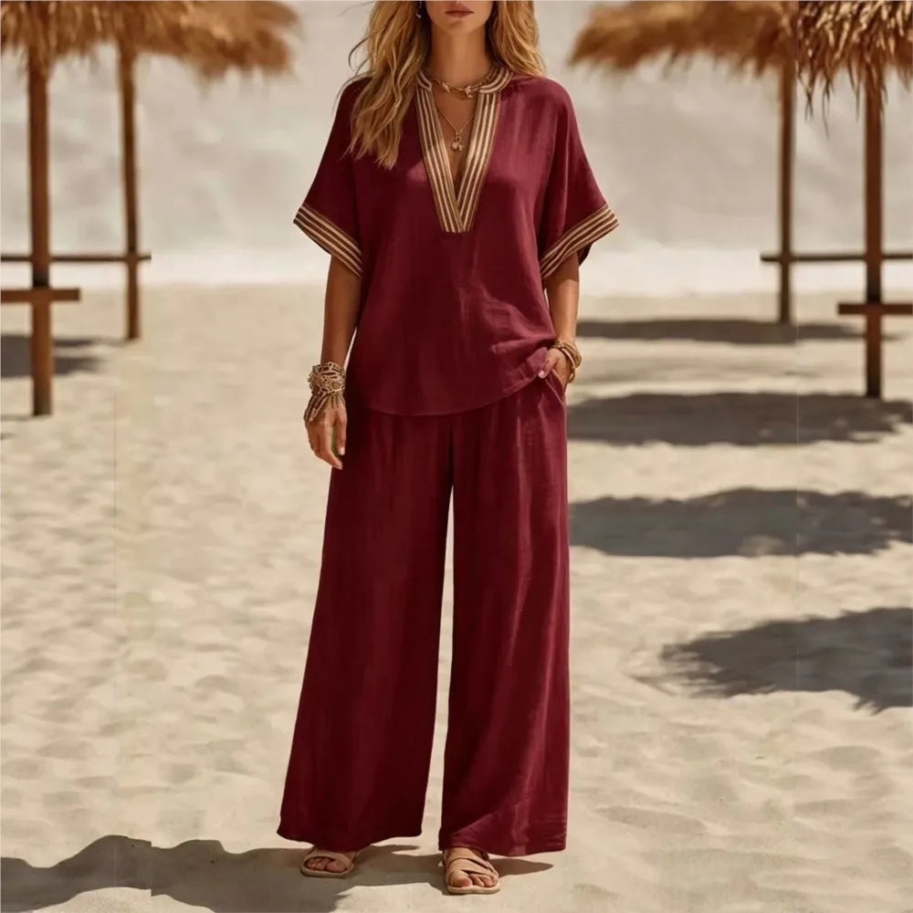 Women Linen 2 Piece Striped V Neck Short Sleeve Loose Blouse High Waist Wide Leg Pants Set Casual Summer Elegant Trouser Suit