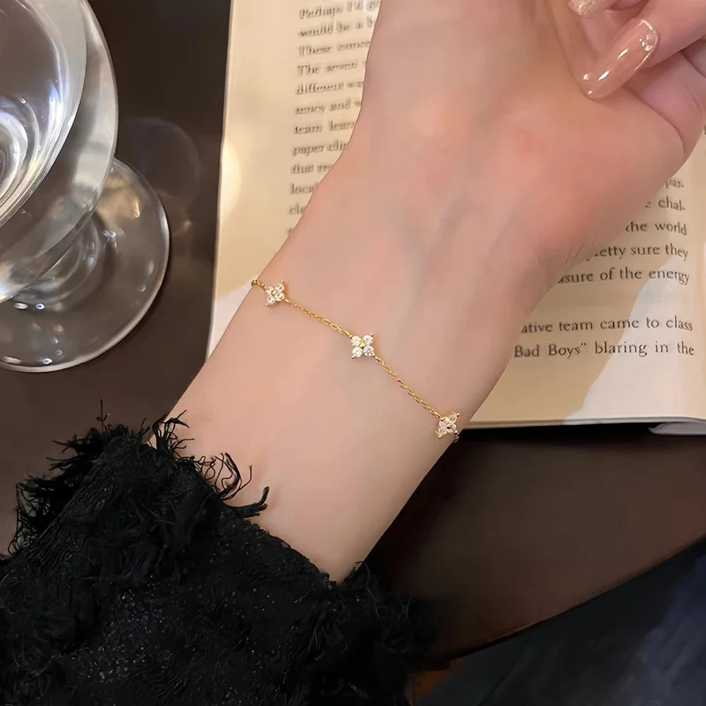 925 Silver Plated Four-leaf Flower Zircon Chain Necklace for Women Luxury Collar Charm Necklaces 2025 Trend Jewelry
