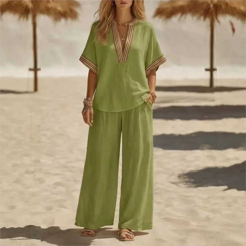 Women Linen 2 Piece Striped V Neck Short Sleeve Loose Blouse High Waist Wide Leg Pants Set Casual Summer Elegant Trouser Suit