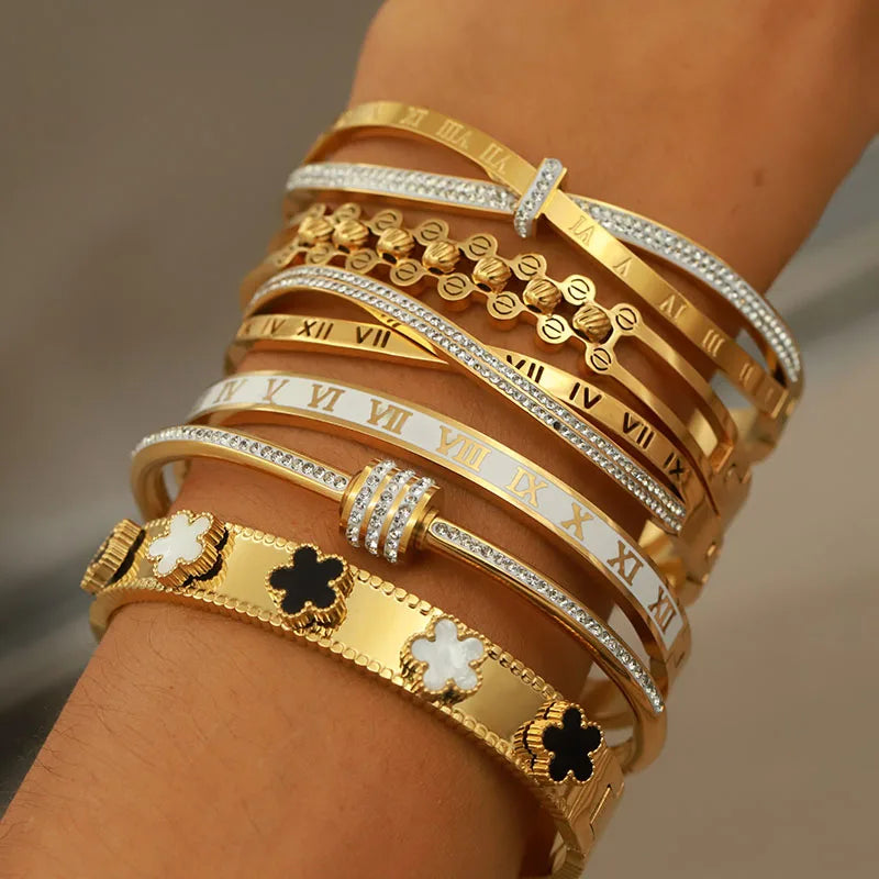 316L Stainless Steel 18K PVD Plated  Beads Cross Bangles for Women Fashion Brand Jewelry Golden Flower Bangles Party Accessories