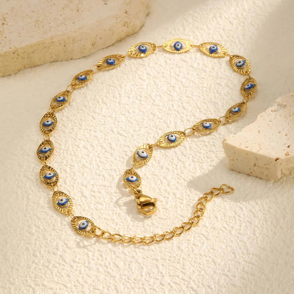 Evil Eye Anklet Bracelet for Women, Adjustable Waterproof Gold Plated Stainless Steel Beach Foot Anklets Summer Jewelry
