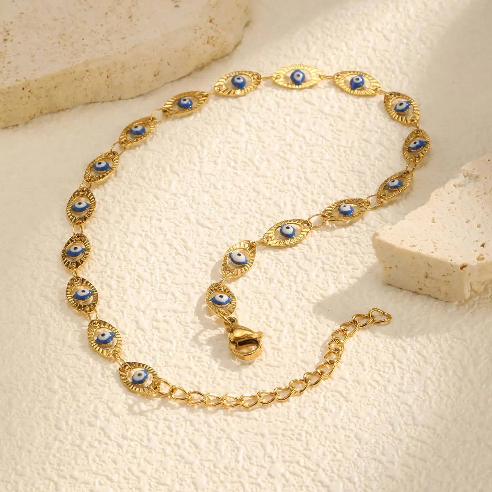 Evil Eye Anklet Bracelet for Women, Adjustable Waterproof Gold Plated Stainless Steel Beach Foot Anklets Summer Jewelry