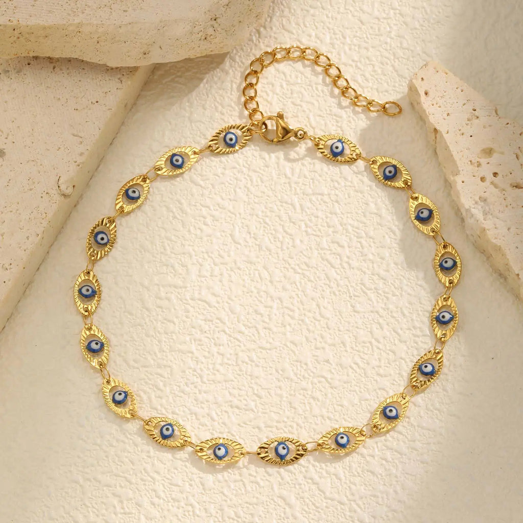 Evil Eye Anklet Bracelet for Women, Adjustable Waterproof Gold Plated Stainless Steel Beach Foot Anklets Summer Jewelry