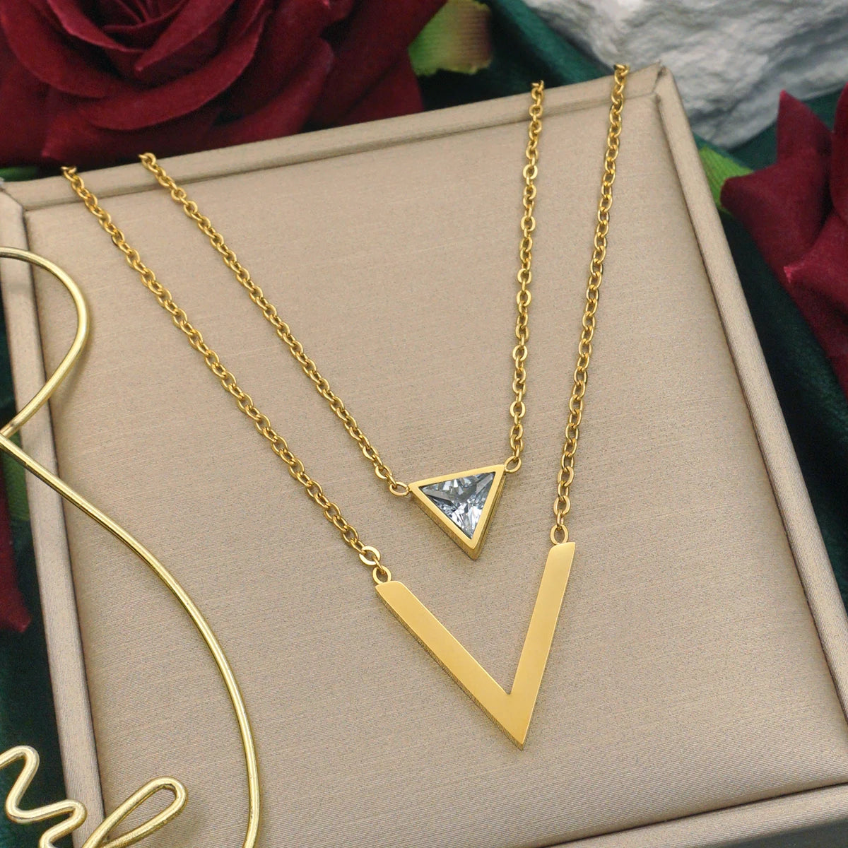 3 Piece Set Fashion Chic Ladies Triangle Zircon V-shaped Stainless Steel Double Necklace Classic Earrings Lovers Date Party Chri